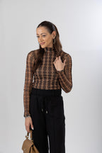 Blusa Tule Manga Longa Xadrez