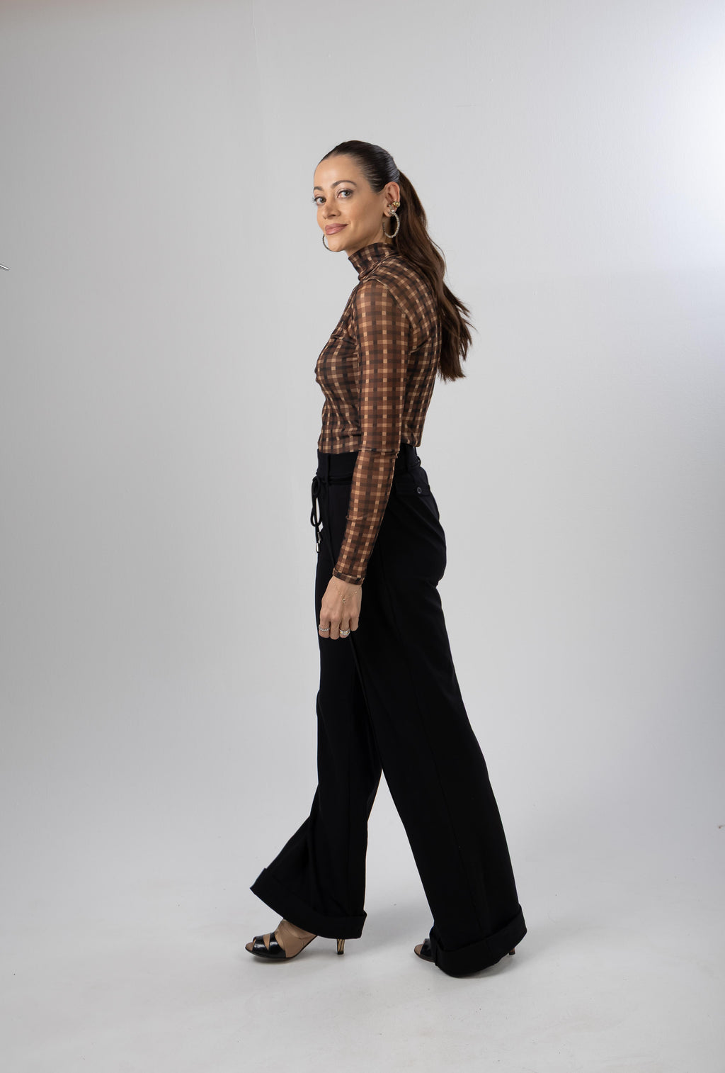 Blusa Tule Manga Longa Xadrez