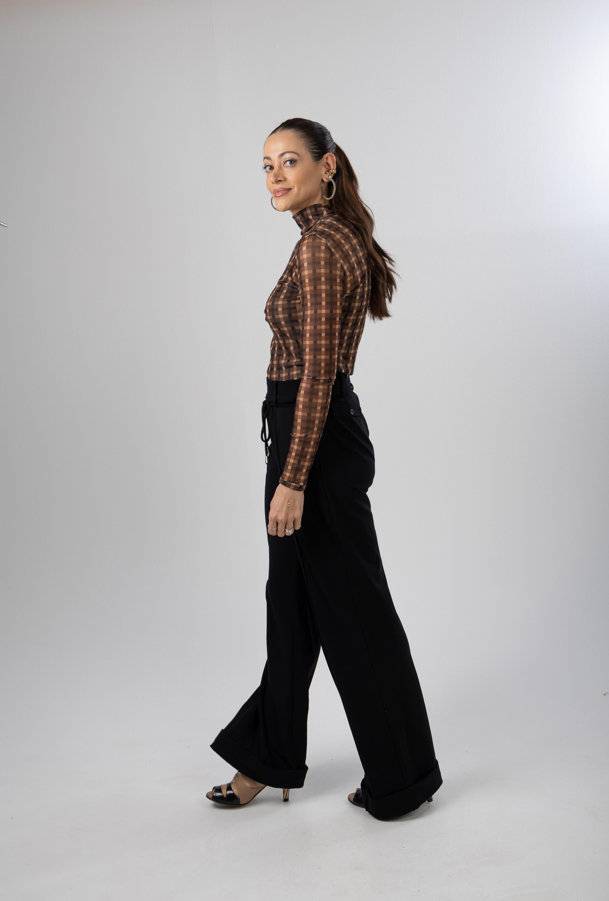Blusa Tule Manga Longa Xadrez