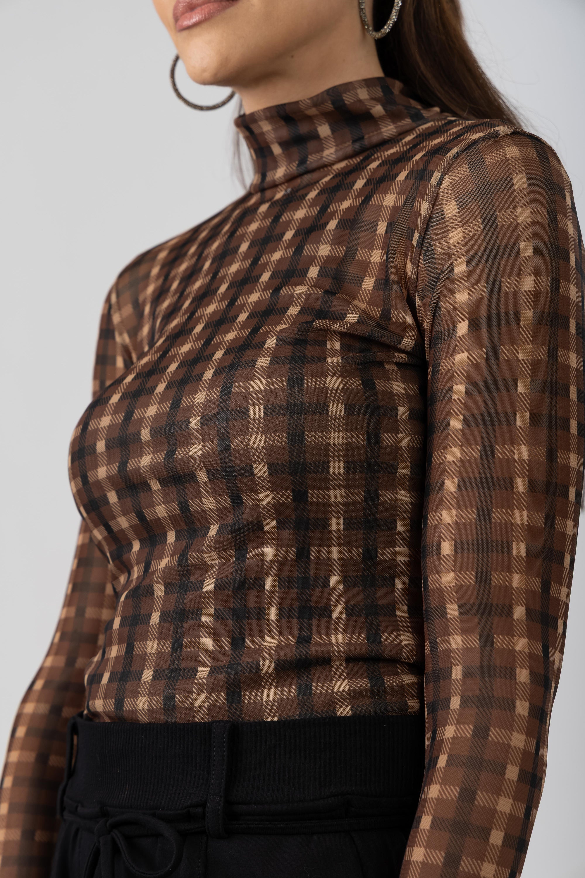 Blusa Tule Manga Longa Xadrez