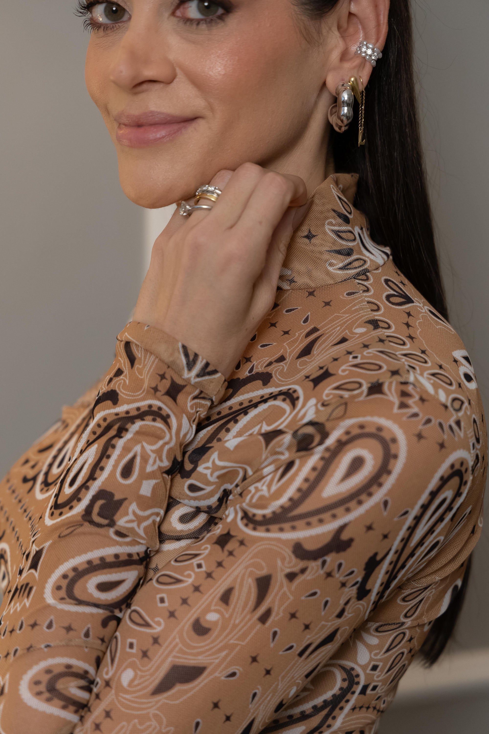 Blusa Tule Estampada Manga Longa